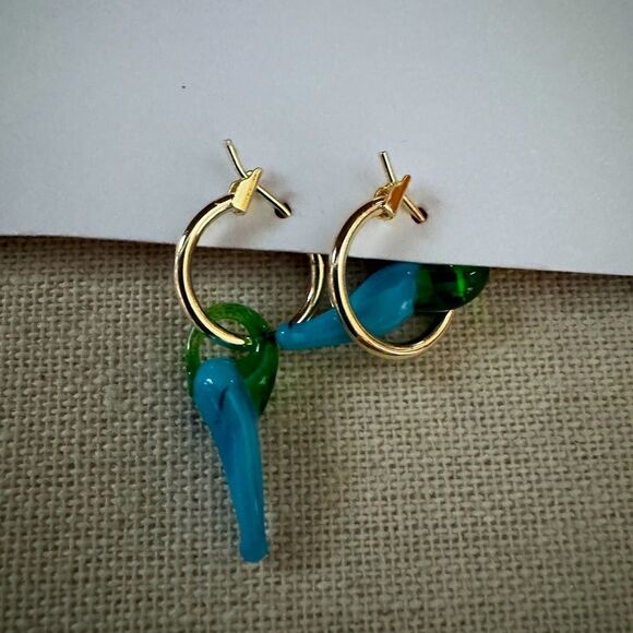 Turquoise glass peppercino 14k gold plated hoop drop earrings NWT - Picture 5 of 6